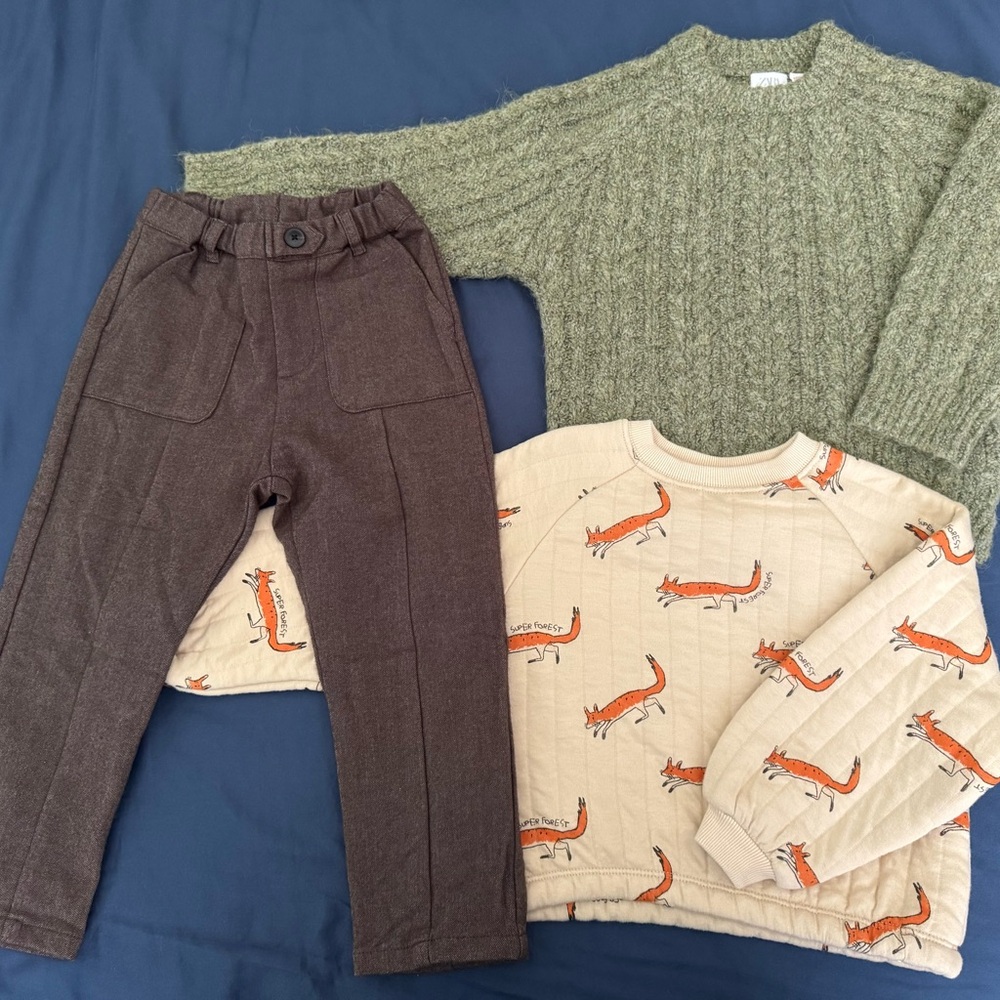 Zara Green Sweater and Fox Print Cream Top Set With Soft Brown Trousers